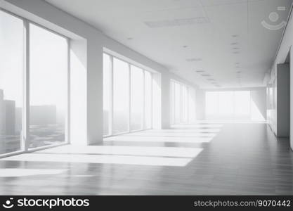 Empty modern office background . Workspace interior design white color . Clean and bright office gallery background. Peculiar AI generative image.. Empty modern office background . Workspace interior design white color .