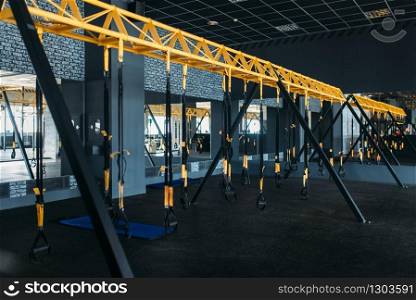 Empty modern sport center. Gym nobody, fitness club interior