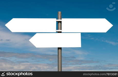 empty multidirectional sign against a blue sky background (boards isolated on white)