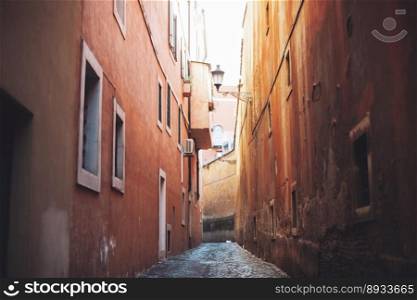 empty narrow city street made of cobblestones between old houses