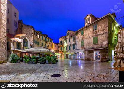 Empty Night Fruit square in the Diocletian Palace section of Medieval Old town of Split, Croatia. Old Town of Split, Croatia