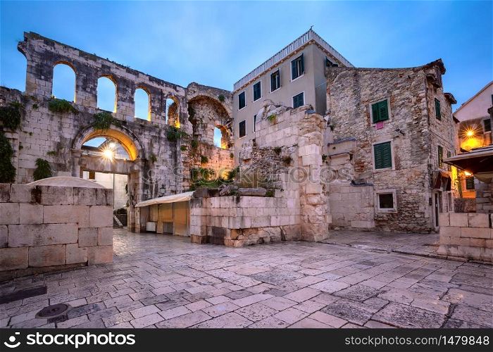 Empty night Triklinij in Diocletian Palace in Old Town of Split, the second largest city of Croatia in the morning. Old Town of Split, Croatia