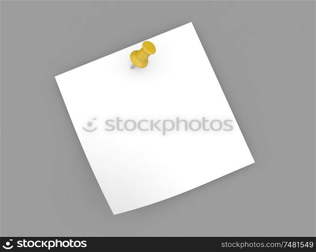 Empty note paper with push pin on gray background. 3d render illustration.. Empty note paper with push pin on gray background.