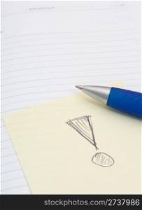 Empty Notebook, Ballpoint and Yellow Memo Stick With Exclamation Mark on White Background