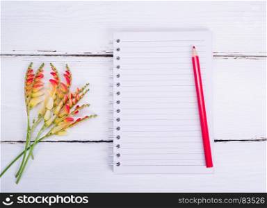 empty notebook in a line and a red pencil on a white wooden table, top view