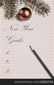 empty notebook page and fir branch New Year goals