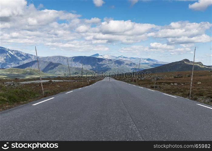 empty nroad in norway with Poles for the snow blades and mountains with snwo as background in July on the valdresfya nature area