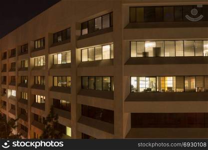 Empty office buildings at night, Glendale, California