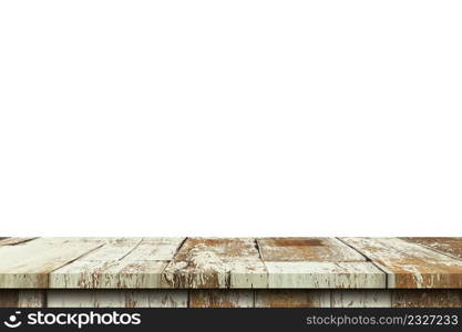 Empty old wood table on isolate white background and display montage with copy space for product.