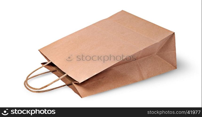 Empty open brown paper bag for food lying isolated on white background