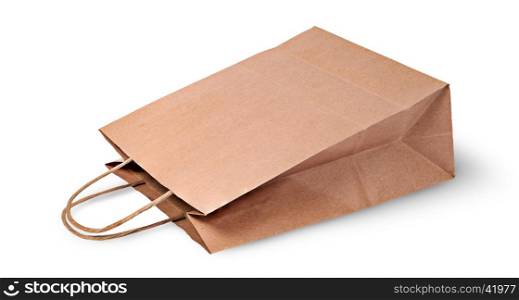 Empty open brown paper bag for food lying isolated on white background