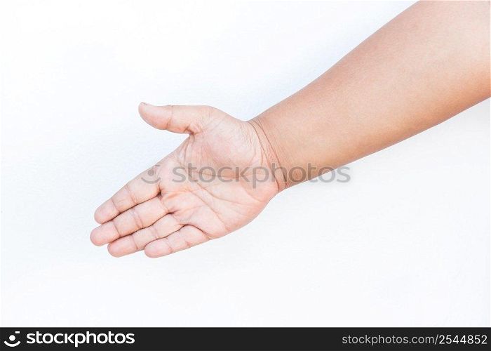 Empty open child hand on white background