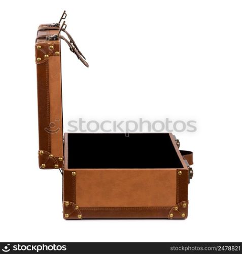 Empty open suitcase side view isolated on white background
