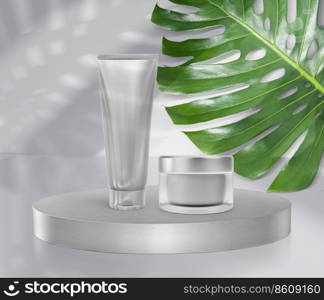 Empty packaging clear, cosmetic cream jar on Empty round pedestal, with monstera leaf background. 3d render