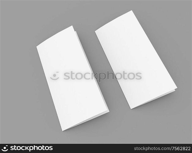 Empty paper brochures on a gray background. 3d render illustration.. Empty paper brochures on a gray background.