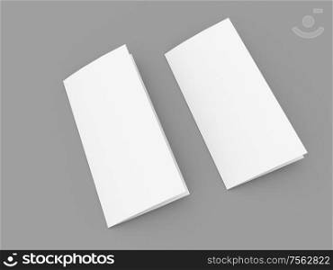 Empty paper brochures on a gray background. 3d render illustration.. Empty paper brochures on a gray background.