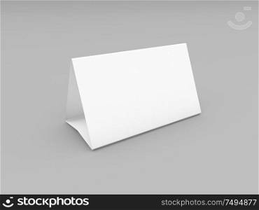 Empty paper triangle card on gray background. 3d render illustration.. Empty paper triangle card on gray background.