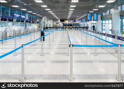 empty passport control at the airport terminal.. Helsinki, Finland - January 15, 2018: empty passport control at the airport