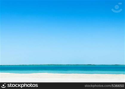 Empty peaceful white Sand beach turquoise blue sea Yas island - Abu Dhabi nature landscape skyline under bright sunlight