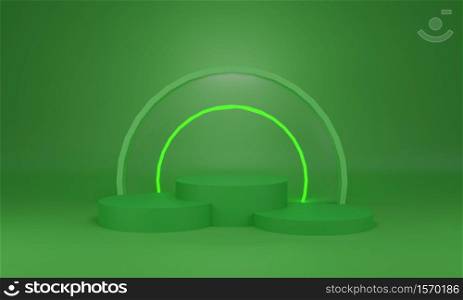 Empty pedestal display, green color cylinder with illuminate background. Abstract 3D render with copy space for branding banner, step podium, showcase for product promotion