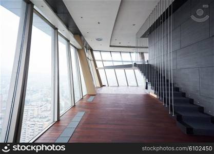 empty penthouse, modern bright duplex office apartment interior with staircase and big windows