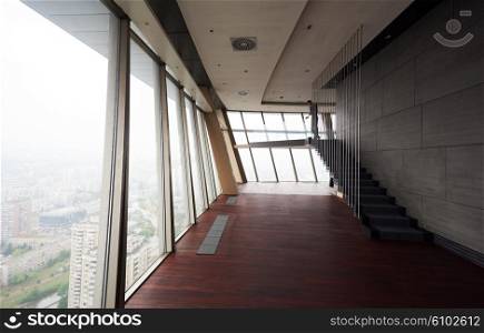 empty penthouse, modern bright duplex office apartment interior with staircase and big windows