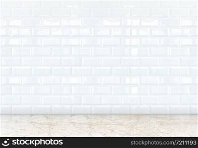 empty perspective room with white ceramic tiles wall and marble floor,Template for adding your content.