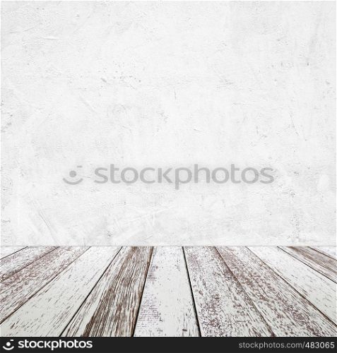 Empty perspective vintage white wood and white cement wall background, room, table top, shelf for product display montage background