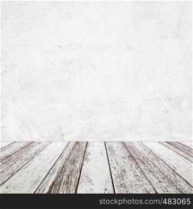 Empty perspective vintage white wood and white cement wall background, room, table top, shelf for product display montage background