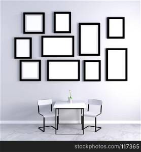 Empty Photo Frames on Wall with Furniture. Empty Photo Frames on Wall