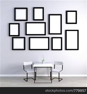 Empty Photo Frames on Wall with Furniture. Empty Photo Frames on Wall
