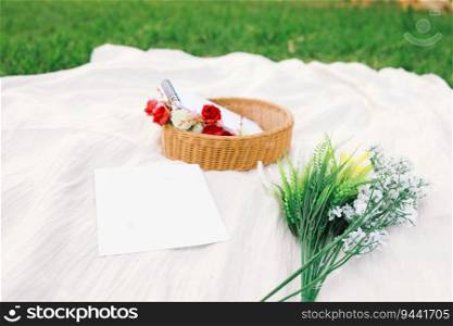 Empty picnic setting on meadow with copy space Mock up space for text