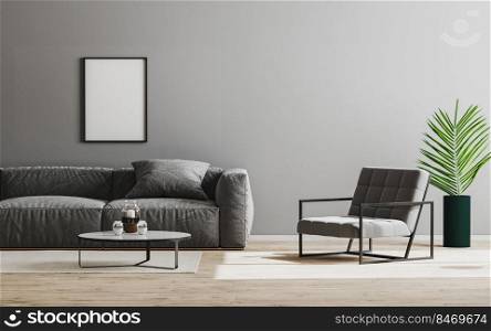 empty picture frame mockup in modern living room interior background in gray color with sofa and armchair, gray wall and wooden floor, room interior design, 3d render