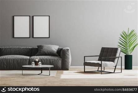 empty picture frame mockup in modern living room interior background in gray color with sofa and armchair, gray wall and wooden floor, room interior design, 3d render