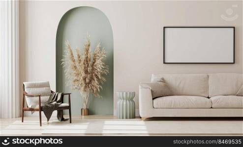 empty picture frame on beige wall in living room interior with modern furniture and decorative green arch with trendy dried flowers, white sofa and armchair, 3d render