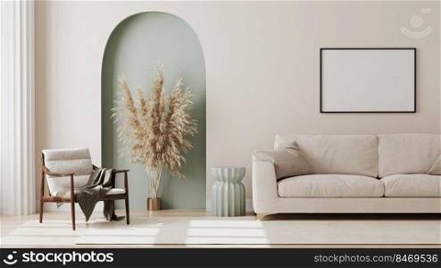 empty picture frame on beige wall in living room interior with modern furniture and decorative green arch with trendy dried flowers, white sofa and armchair, 3d render