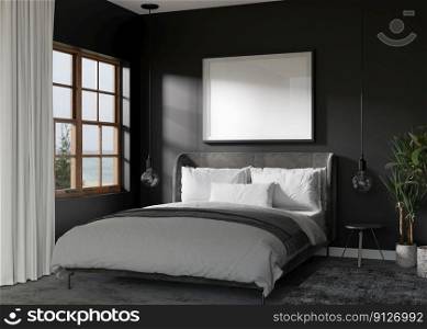 Empty picture frame on black wall in modern bedroom. Mock up interior in contemporary style. Free, copy space for your picture, poster. Bed, plants. 3D rendering. Empty picture frame on black wall in modern bedroom. Mock up interior in contemporary style. Free, copy space for your picture, poster. Bed, plants. 3D rendering.