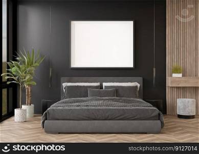 Empty picture frame on black wall in modern bedroom. Mock up interior in contemporary style. Free, copy space for your picture, poster. Bed, plants. 3D rendering. Empty picture frame on black wall in modern bedroom. Mock up interior in contemporary style. Free, copy space for your picture, poster. Bed, plants. 3D rendering.