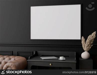 Empty picture frame on black wall in modern living room. Mock up interior in contemporary style. Close up view. Free space for your picture, poster. Console, vase, p&as grass. 3D rendering. Empty picture frame on black wall in modern living room. Mock up interior in contemporary style. Close up view. Free space for your picture, poster. Console, vase, p&as grass. 3D rendering.