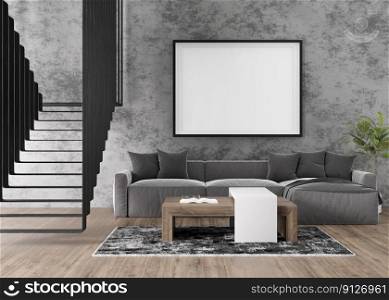 Empty picture frame on concrete wall in modern living room. Mock up interior in contemporary, loft style. Free, copy space for your picture, poster. Sofa, carpet, stairs. 3D rendering. Empty picture frame on concrete wall in modern living room. Mock up interior in contemporary, loft style. Free, copy space for your picture, poster. Sofa, carpet, stairs. 3D rendering.