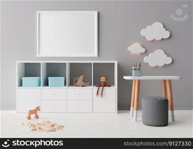 Empty picture frame on gray wall in modern child room. Mock up interior in scandinavian style. Free, copy space for your picture. Console, table with chairs, toys. Cozy room for kids. 3D rendering. Empty picture frame on gray wall in modern child room. Mock up interior in scandinavian style. Free, copy space for your picture. Console, table with chairs, toys. Cozy room for kids. 3D rendering.