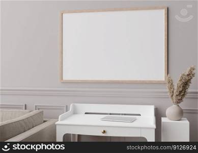 Empty picture frame on grey wall in modern living room. Mock up interior in contemporary style. Close up view. Free space for your picture, poster. Console, vase, p&as grass. 3D rendering. Empty picture frame on grey wall in modern living room. Mock up interior in contemporary style. Close up view. Free space for your picture, poster. Console, vase, p&as grass. 3D rendering.