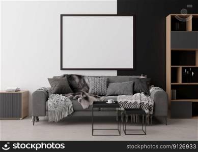 Empty picture frame on white and black wall in modern living room. Mock up interior in contemporary style. Free space, copy space for your picture, poster. Sofa, table. 3D rendering. Empty picture frame on white and black wall in modern living room. Mock up interior in contemporary style. Free space, copy space for your picture, poster. Sofa, table. 3D rendering.