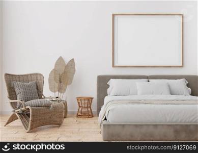 Empty picture frame on white wall in modern bedroom. Mock up interior in boho style. Free, copy space for your picture, poster. Bed, rattan armchair, parquet floor. 3D rendering. Empty picture frame on white wall in modern bedroom. Mock up interior in boho style. Free, copy space for your picture, poster. Bed, rattan armchair, parquet floor. 3D rendering.