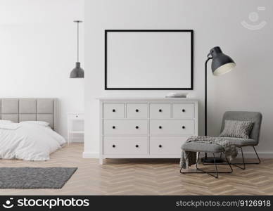 Empty picture frame on white wall in modern bedroom. Mock up interior in contemporary style. Free, copy space for your picture, poster. Bed, armchair, console, l&. 3D rendering. Empty picture frame on white wall in modern bedroom. Mock up interior in contemporary style. Free, copy space for your picture, poster. Bed, armchair, console, l&. 3D rendering.