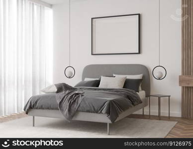 Empty picture frame on white wall in modern bedroom. Mock up interior in contemporary style. Free, copy space for your picture, poster. Bed, l&s. 3D rendering. Empty picture frame on white wall in modern bedroom. Mock up interior in contemporary style. Free, copy space for your picture, poster. Bed, l&s. 3D rendering.