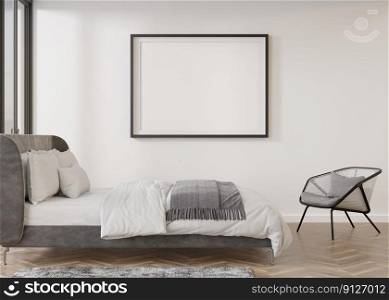 Empty picture frame on white wall in modern bedroom. Mock up interior in contemporary style. Free, copy space for your picture, poster. Bed, armchair. 3D rendering. Empty picture frame on white wall in modern bedroom. Mock up interior in contemporary style. Free, copy space for your picture, poster. Bed, armchair. 3D rendering.