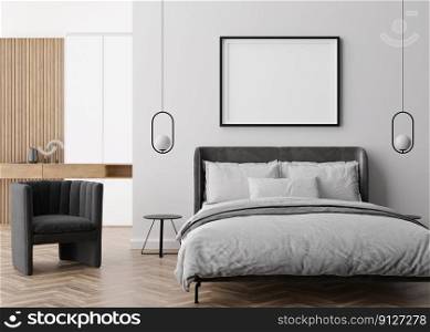 Empty picture frame on white wall in modern bedroom. Mock up interior in contemporary style. Free, copy space for your picture, poster. Bed, lamps. 3D rendering. Empty picture frame on white wall in modern bedroom. Mock up interior in contemporary style. Free, copy space for your picture, poster. Bed, lamps. 3D rendering.