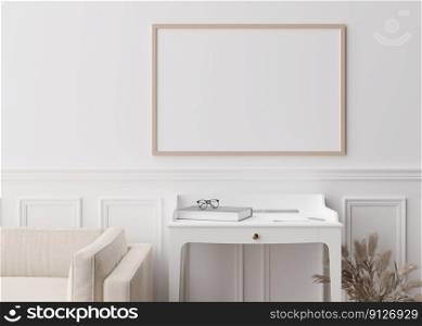 Empty picture frame on white wall in modern living room. Mock up interior in contemporary style. Close up view. Free space for your picture, poster. Console, vase, p&as grass. 3D rendering. Empty picture frame on white wall in modern living room. Mock up interior in contemporary style. Close up view. Free space for your picture, poster. Console, vase, p&as grass. 3D rendering.