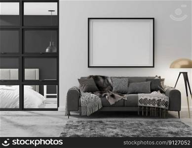 Empty picture frame on white wall in modern living room. Mock up interior in contemporary, loft style. Free, copy space for your picture, poster. Sofa, carpet, l&, concrete floor. 3D rendering. Empty picture frame on white wall in modern living room. Mock up interior in contemporary, loft style. Free, copy space for your picture, poster. Sofa, carpet, l&, concrete floor. 3D rendering.
